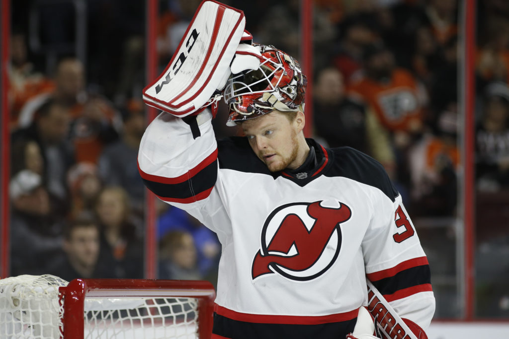 New Jersey Devils' Cory Schneider in action during an NHL hockey game against the Philadelphia Flyers, Saturday, Feb. 13, 2016, in Philadelphia. (AP Photo/Matt Slocum)