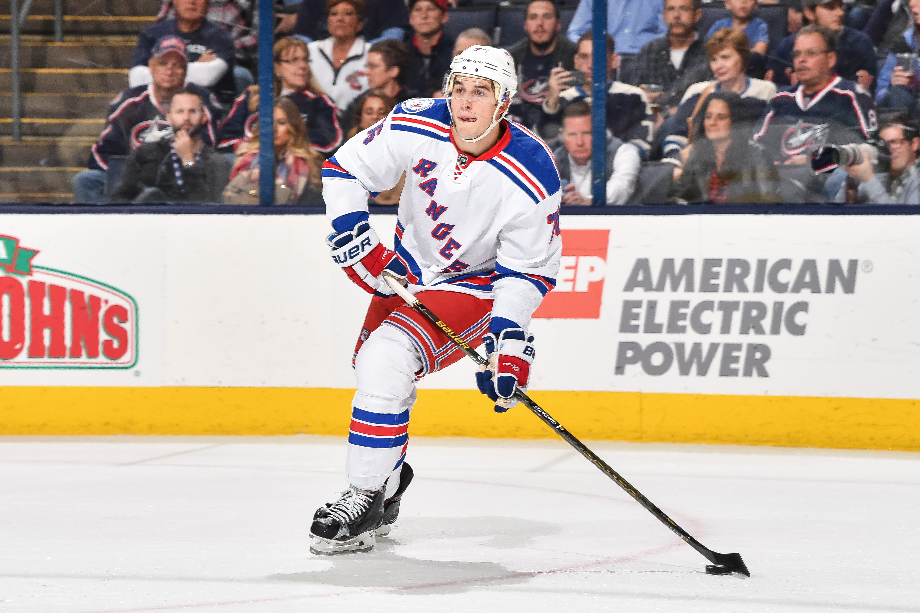 COLUMBUS, OH - NOVEMBER 18: Brady Skjei #76 of the New York Rangers skates against the Columbus Blue Jackets on November 18, 2016 at Nationwide Arena in Columbus, Ohio. Columbus defeated New York 4-2. (Photo by Jamie Sabau/NHLI via Getty Images)