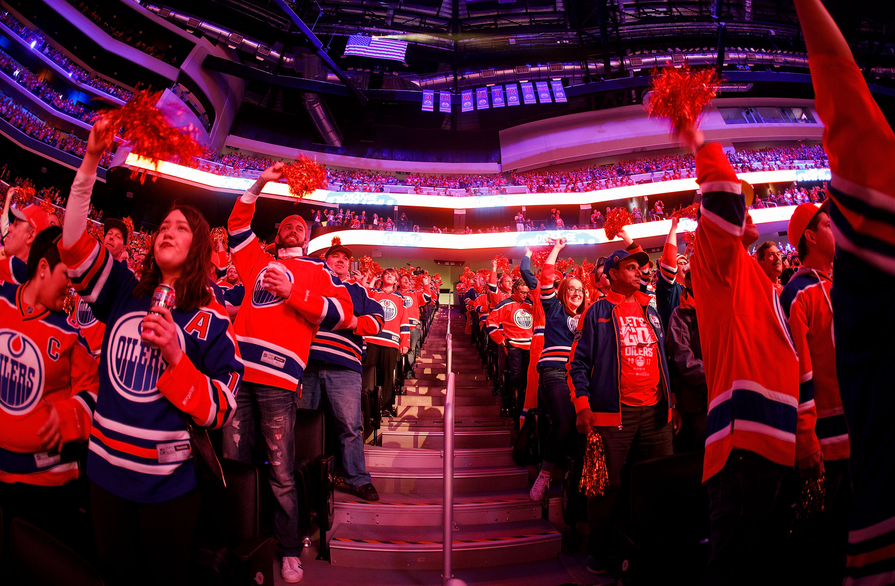 EDMONTON, AB - APRIL 12: Edmonton Oilers fans cheer on their team against the San Jose Sharks in Game One of the Western Conference First Round during the 2017 NHL Stanley Cup Playoffs at Rogers Place on April 12, 2017 in Edmonton, Alberta, Canada. (Photo by Codie McLachlan/Getty Images)