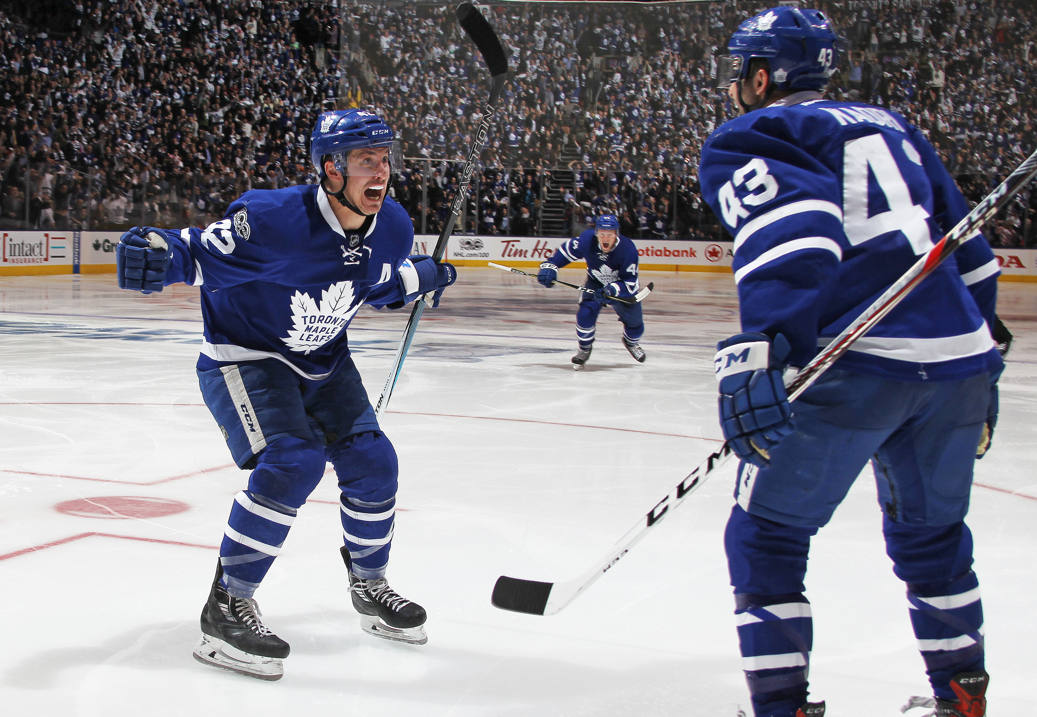 TORONTO, ON - APRIL 17: Tyler Bozak #42 of the Toronto Maple Leafs celebrates his game winning goal in the 1st overtime against the Washington Capitals in Game Three of the Eastern Conference Quarterfinals during the 2017 NHL Stanley Cup Playoffs at the Air Canada Centre on April 17, 2017 in Toronto, Ontario, Canada. The Maple Leafs defeated the Capitals 4-3 in overtime and take a 2-1 series lead.(Photo by Claus Andersen/Getty Images)