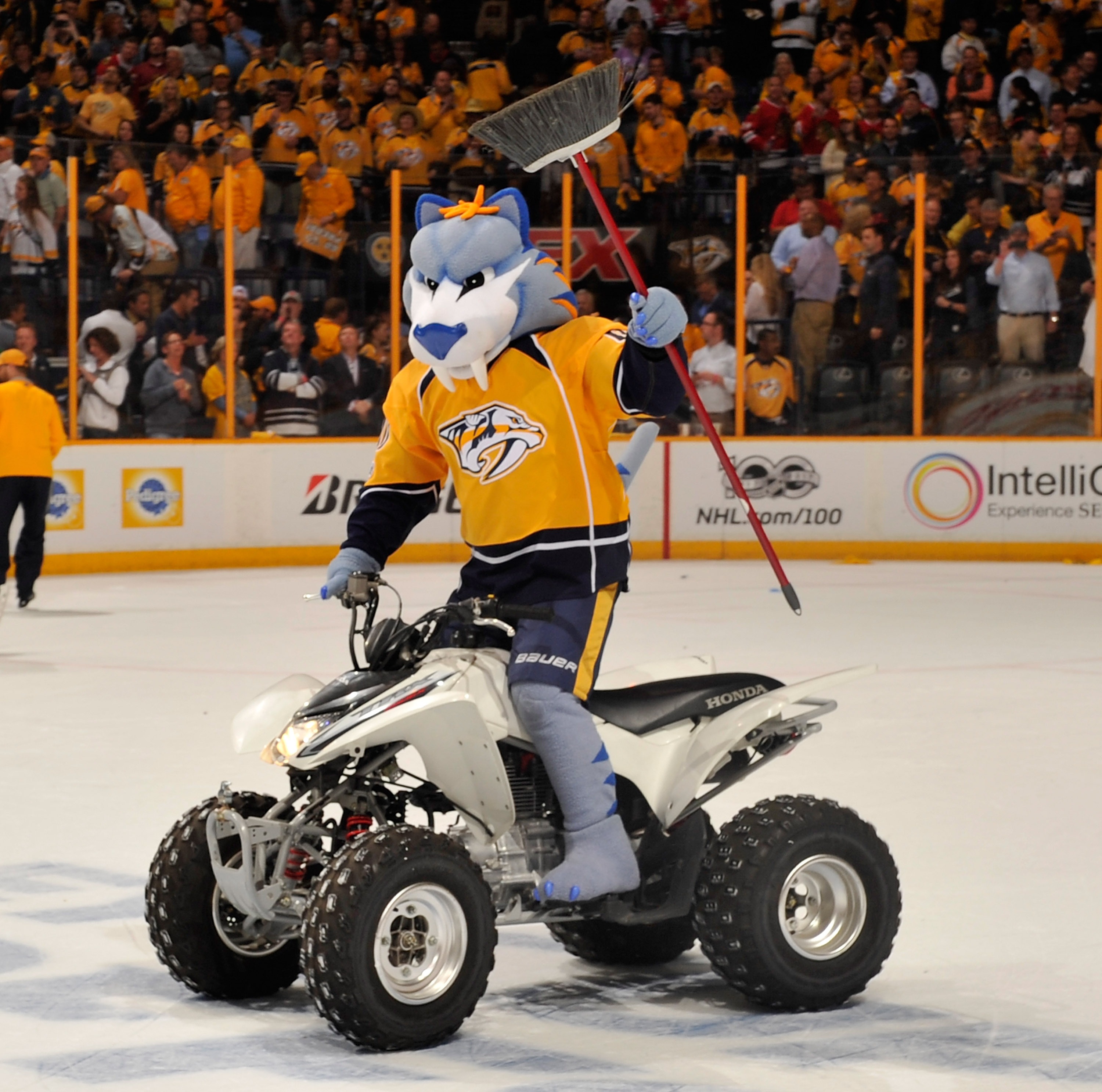 NASHVILLE, TN - APRIL 20: Gnash, mascot of the Nashville Predators, holds a broom after a Predators sweep of the Chicago Blackhawks in a 4-1 Predator victory in Game Four of the Western Conference First Round against the Chicago Blackhawks during the 2017 NHL Stanley Cup Playoffs at Bridgestone Arena on April 20, 2017 in Nashville, Tennessee. (Photo by Frederick Breedon/Getty Images)