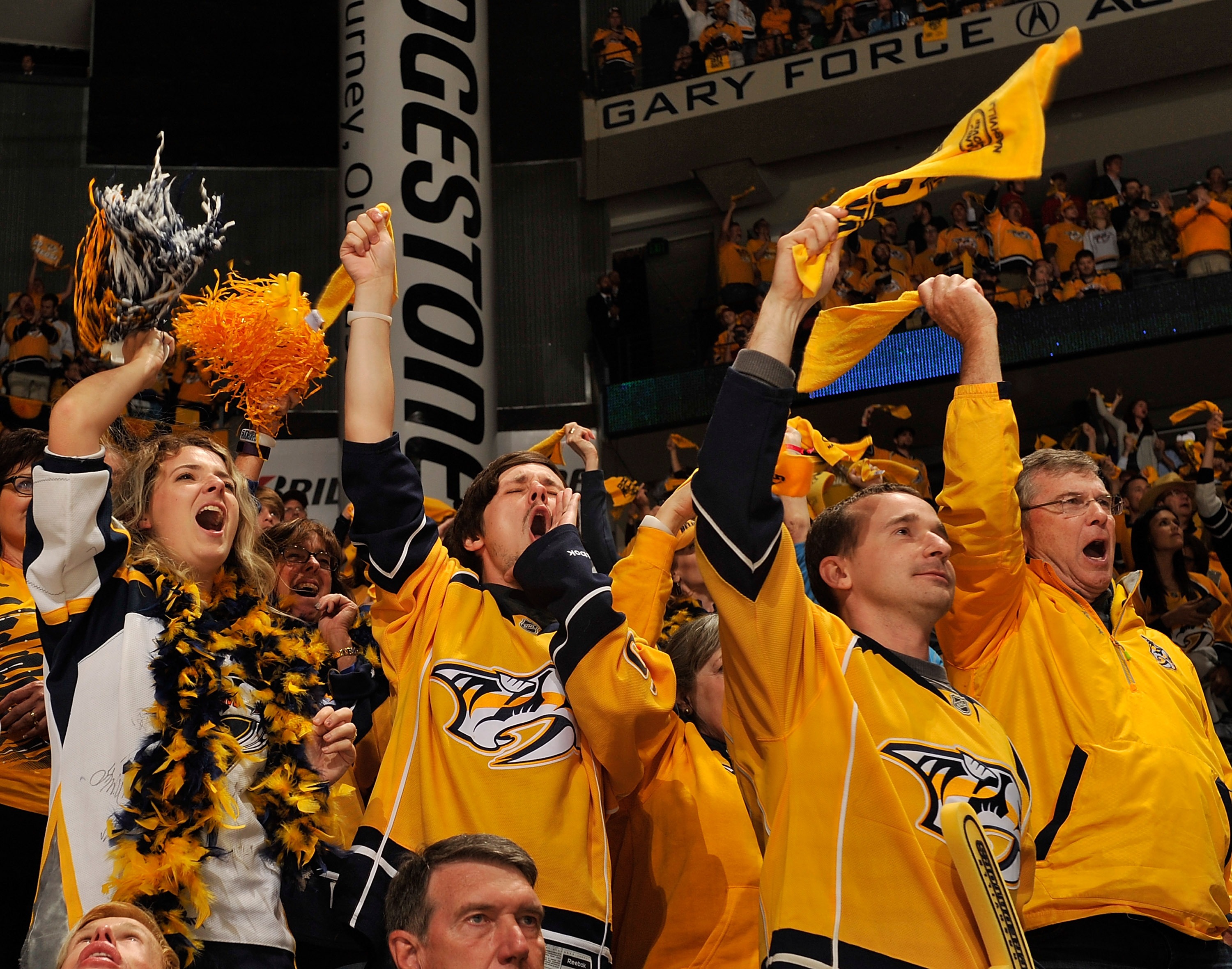 NASHVILLE, TN - APRIL 20: Fans of the Nashville Predators cheer during the second period against the Chicago Blackhawks in Game Four of the Western Conference First Round during the 2017 NHL Stanley Cup Playoffs at Bridgestone Arena on April 20, 2017 in Nashville, Tennessee. (Photo by Frederick Breedon/Getty Images)