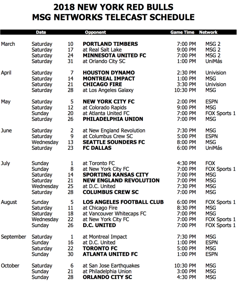 MSG Networks Announces 2018 New York Red Bulls Telecast Schedule ...