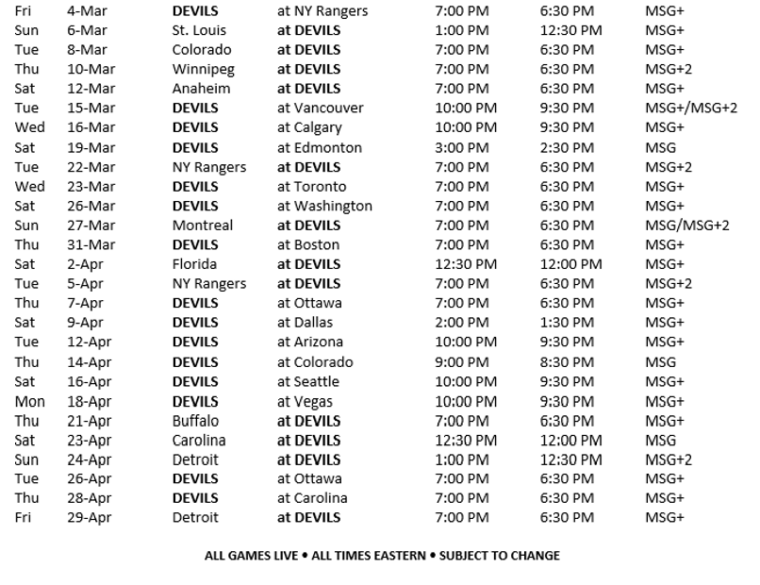 MSG Networks Announces 2021-22 New Jersey Devils Telecast Schedule ...